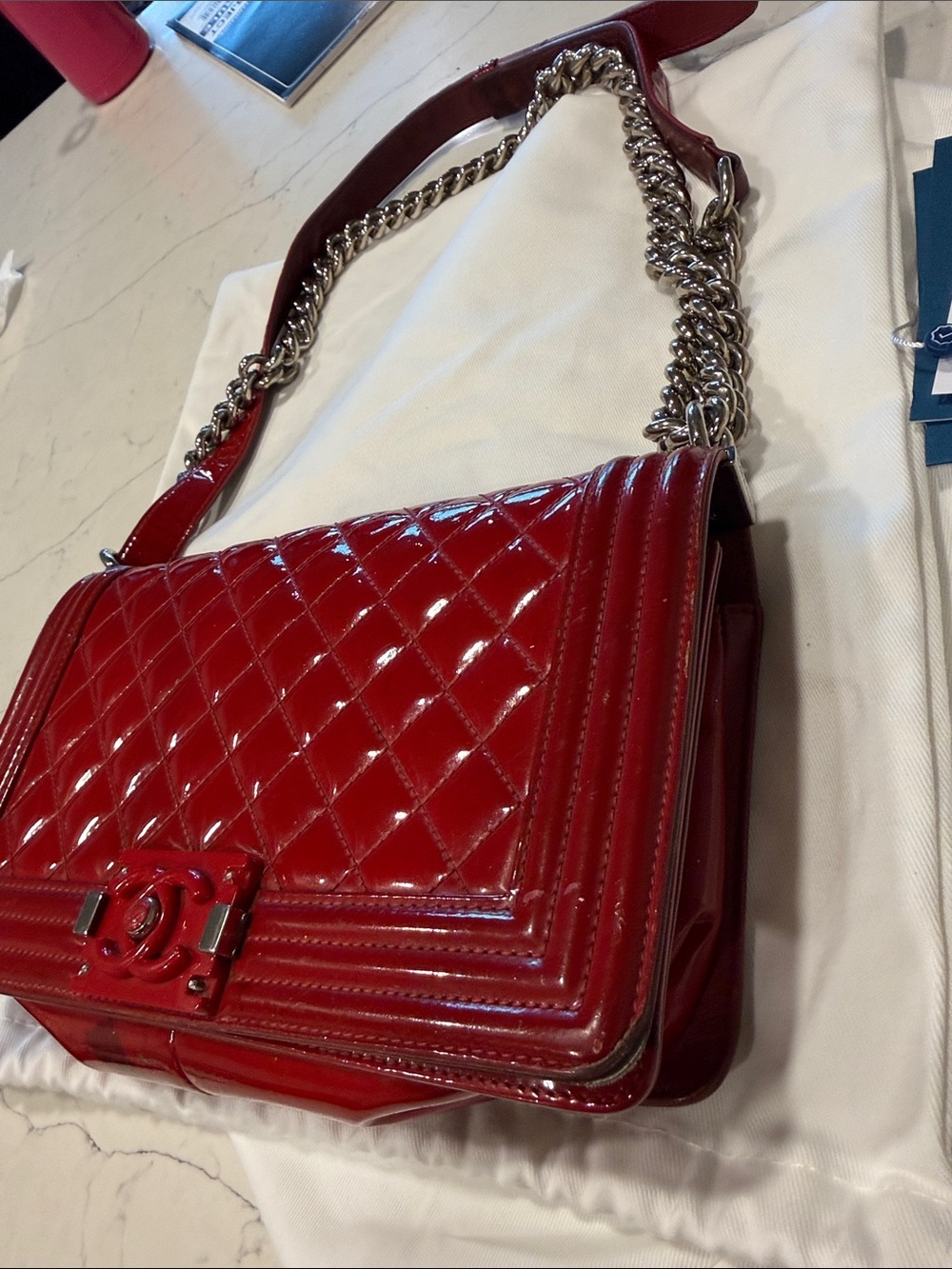 CHANEL Quilted Patent Leather Boy Flap Shoulder Bag in Deep Red - Picture 14 of 17